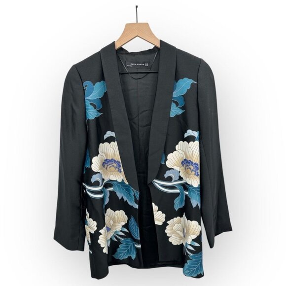 Zara Floral Printed Black Tie-Waist Kimono Blazer Jacket Wrap Belt - Picture 2 of 8